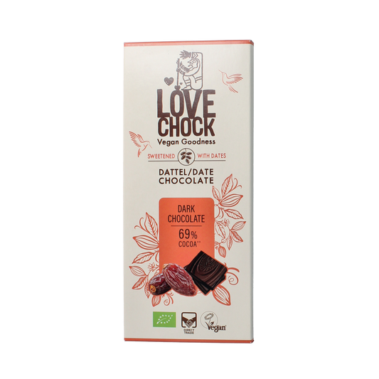 Lovechock dark chocolate bio 70g bar showing textured chocolate surface and packaging with natural branding.