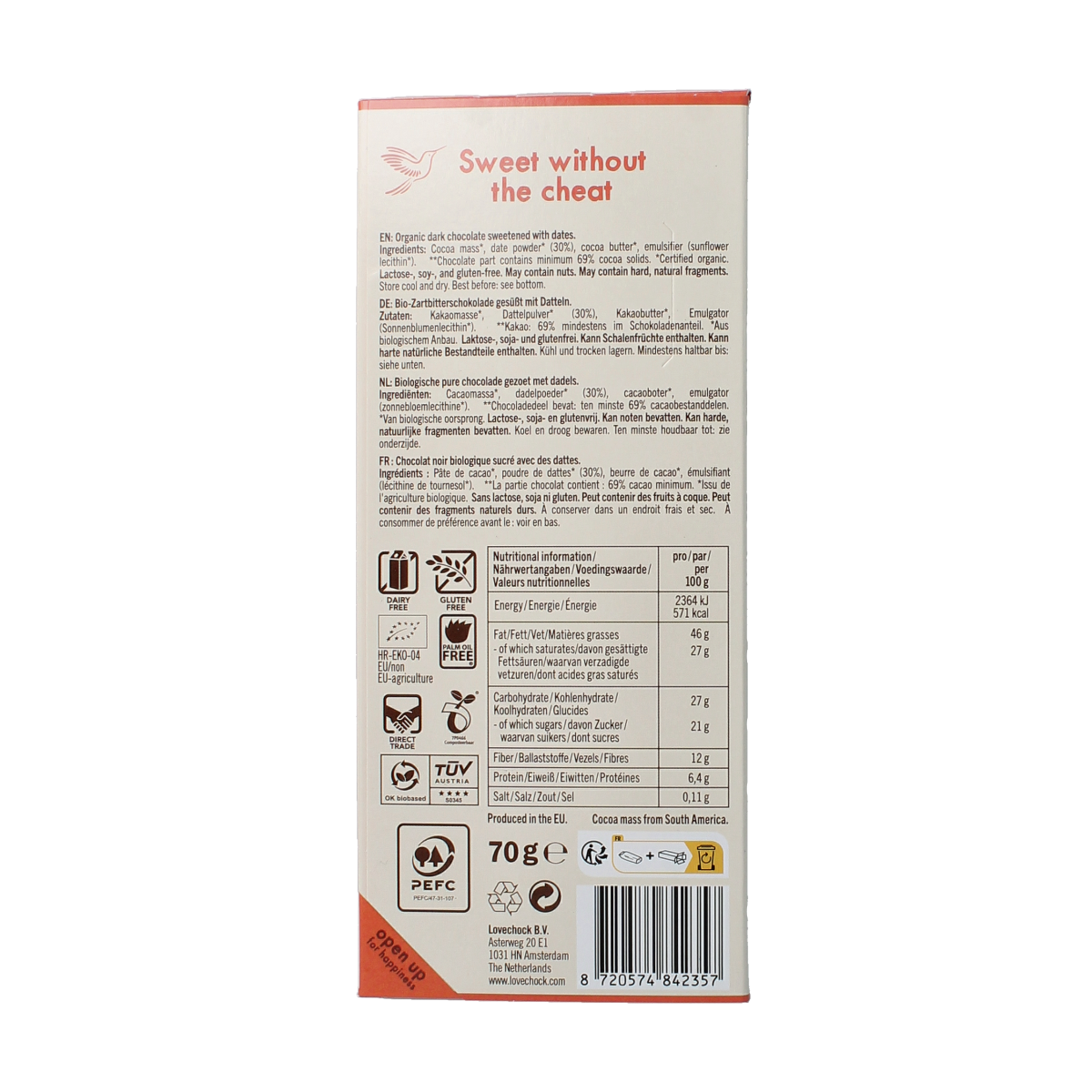 Lovechock bio dark chocolate bar, 70g, with rich, smooth texture and natural ingredients, shown in the image.