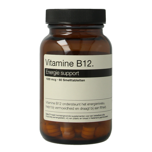 Daily Co OP=OP Vitamin B12 chewable tablets, natural supplement for energy and health, shown in blister pack.