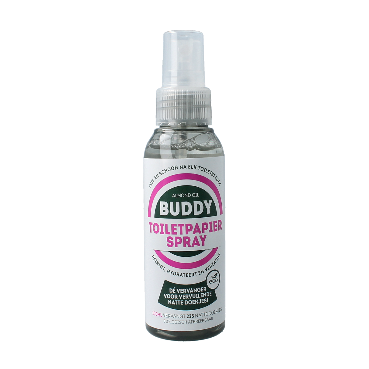 The Good Brand Buddy toilet paper spray geurverspreider in 100ml bottle, designed to freshen bathroom air naturally.