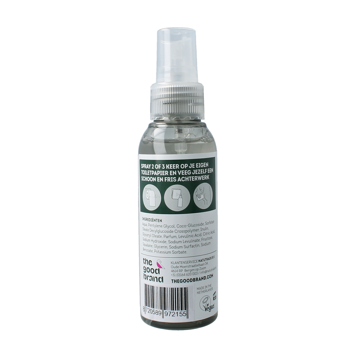 The Good Brand Buddy toilet paper spray geurverspreider in a 100ml bottle, with a sleek design and floral accents.