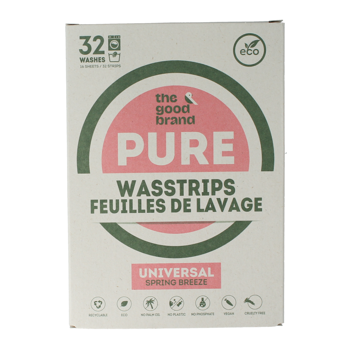 Wasstrips laundry detergent by The Good Brand, 32-piece pack, compact and convenient for effective washing.