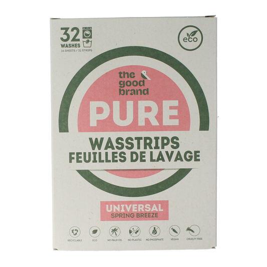 Wasstrips laundry detergent by The Good Brand, 32-piece pack, compact and convenient for effective washing.