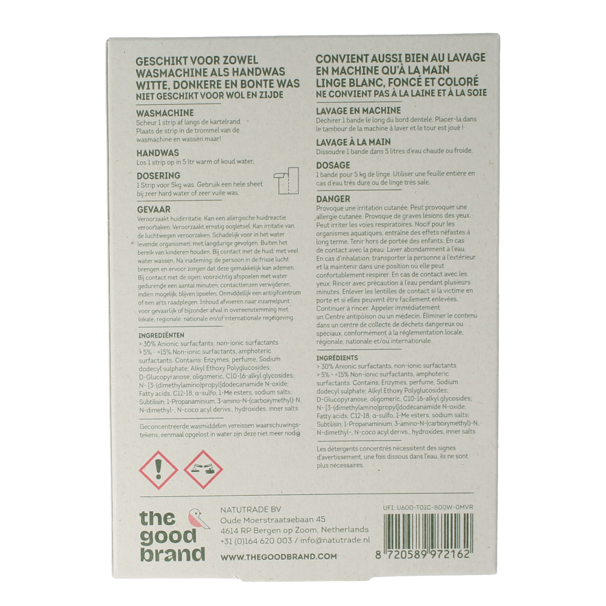 Pack of 32 The Good Brand Wasstrips for laundry, compact and eco-friendly washing strips in a clear container.