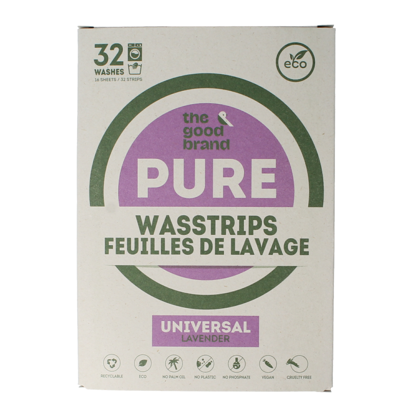 Lavender-scented laundry washing strips from The Good Brand, 32-piece pack, eco-friendly wasmiddelen for fresh clothes.