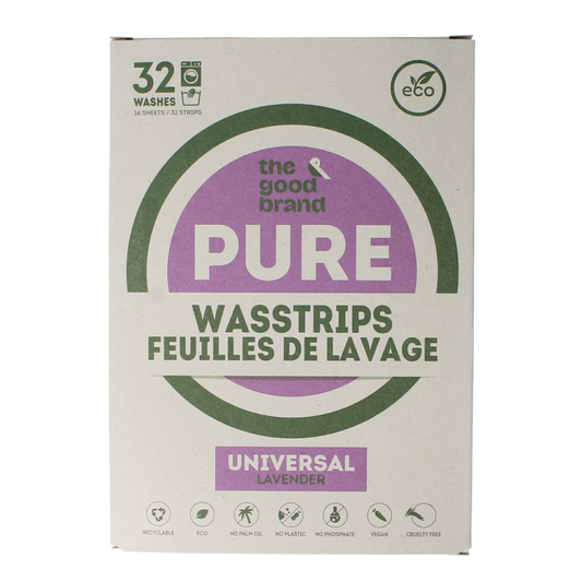 Lavender-scented laundry washing strips from The Good Brand, 32-piece pack, eco-friendly wasmiddelen for fresh clothes.