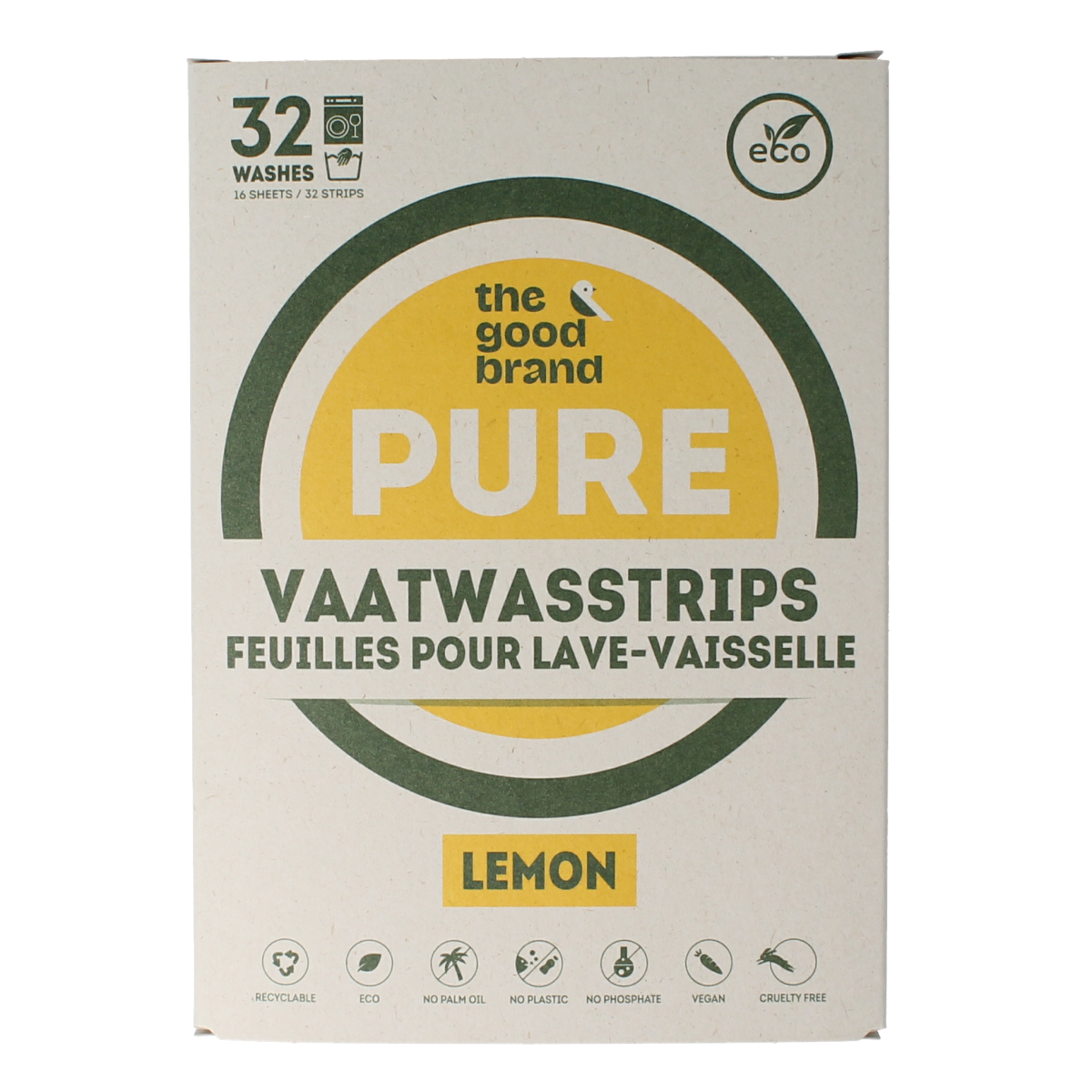 The Good Brand lemon dishwashing strips, 32 pieces, in a clear container, designed for effective kitchen cleaning.