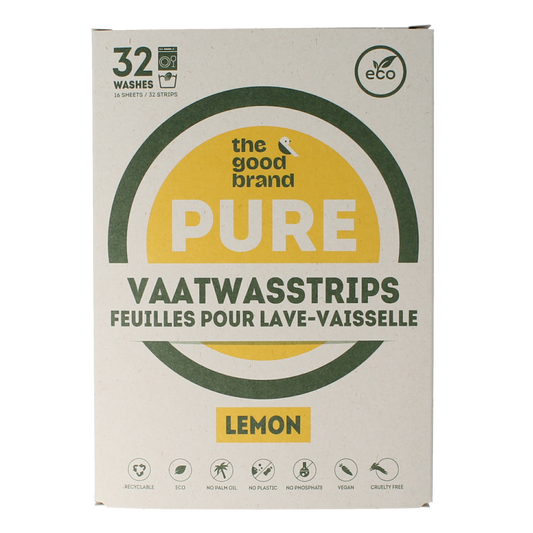 The Good Brand lemon dishwashing strips, 32 pieces, in a clear container, designed for effective kitchen cleaning.