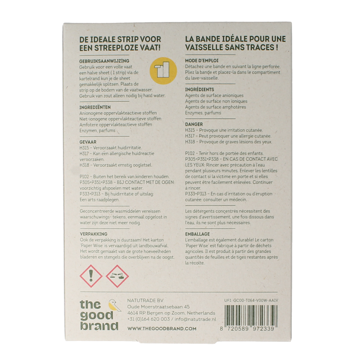 The Good Brand lemon dishwashing strips, 32 pieces, in a clear package showing bright yellow lemon scent and cleaning strips.