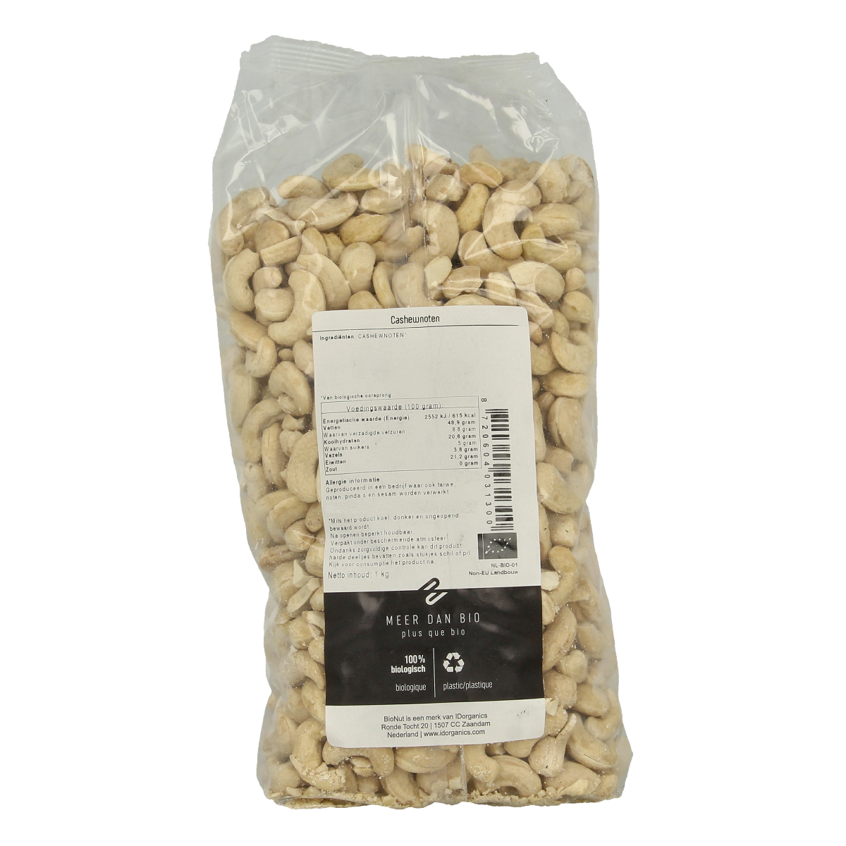 Bionut ongezouten biologische cashewnoten in 1kg verpakking, perfect als gezonde snack en tussendoortje.