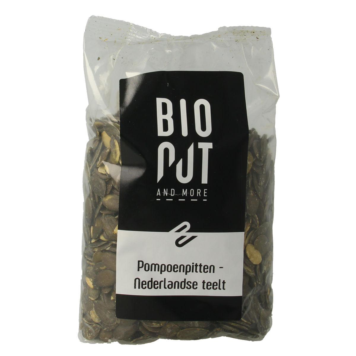 Bionut organic pumpkin seeds from the Netherlands, raw superfood in a 500g package, shown in a clear image.
