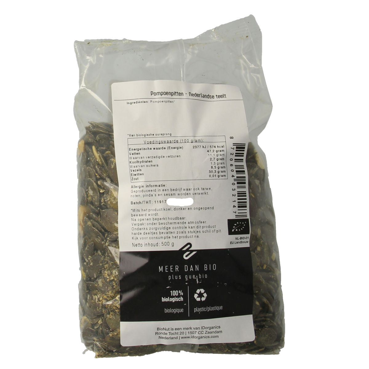 Bionut Dutch organic pumpkin seeds in a 500g package, raw superfood nutrition, close-up of seed pile in a clear bag