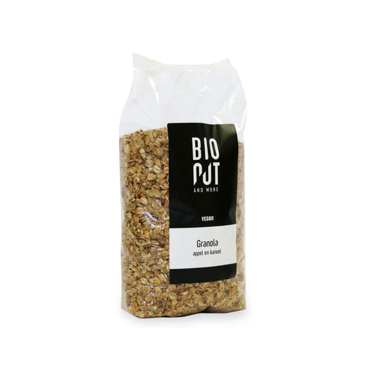 Bionut organic apple and cinnamon granola in a 750g package, featuring toasted oats, dried apple pieces, and cinnamon.