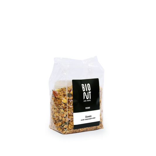 Bionut Granola noten zonder toegevoegde suiker bio, 400g, in een open ontbijtgranen verpakking met noten en zaden zichtbaar.
