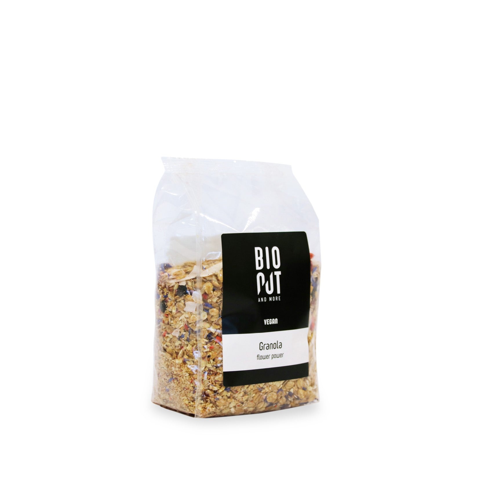 Bionut Flower Power bio granola in 400g package, natural breakfast cereal with mixed grains and seeds.