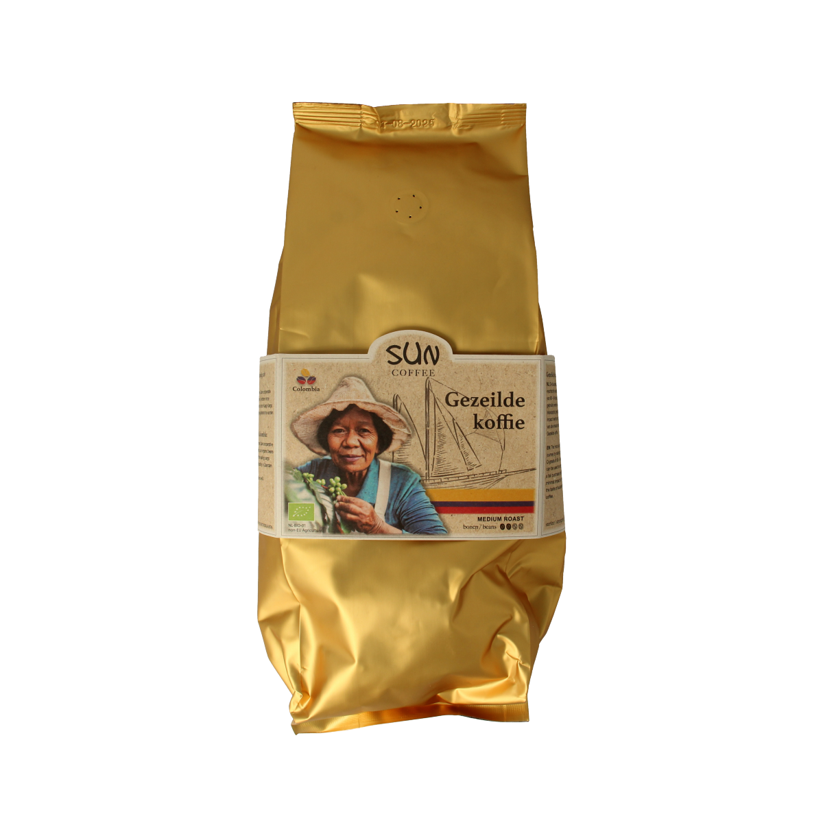 SUN Coffee Gezeilde koffiebonen medium roast bio, 1 kg, organic coffee beans displayed in a clear bag with a label.