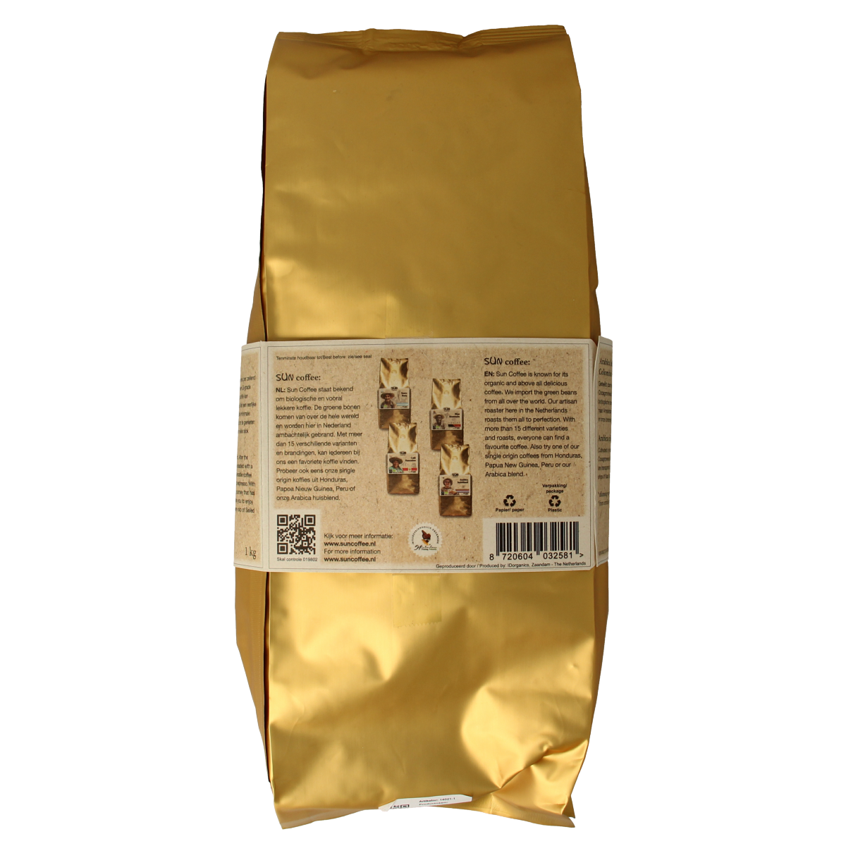 Medium roast organic SUN Coffee Gezeilde koffiebonen in 1 kg bag, fresh whole coffee beans for brewing.