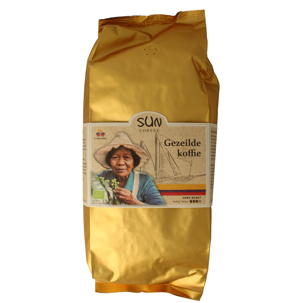 Sun Coffee Gezeilde dark roast organic coffee beans in 1 kg bag, showcasing glossy roasted coffee beans on a neutral background.