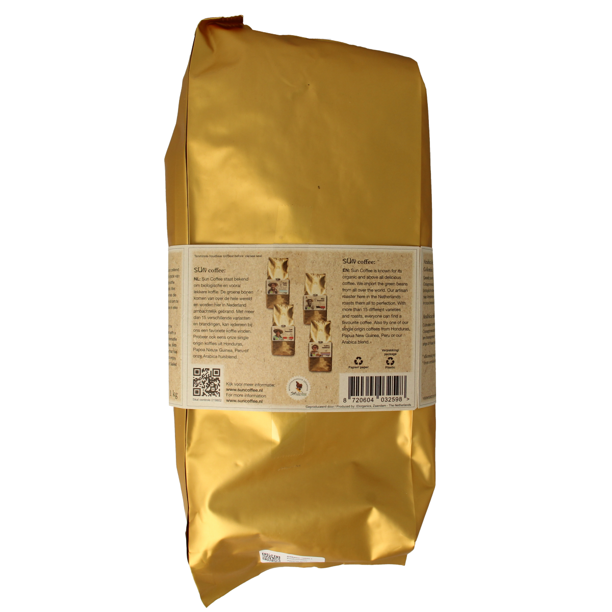 Dark roast organic coffee beans from SUN Coffee, 1 kilogram package, premium quality for rich, flavorful brewing.