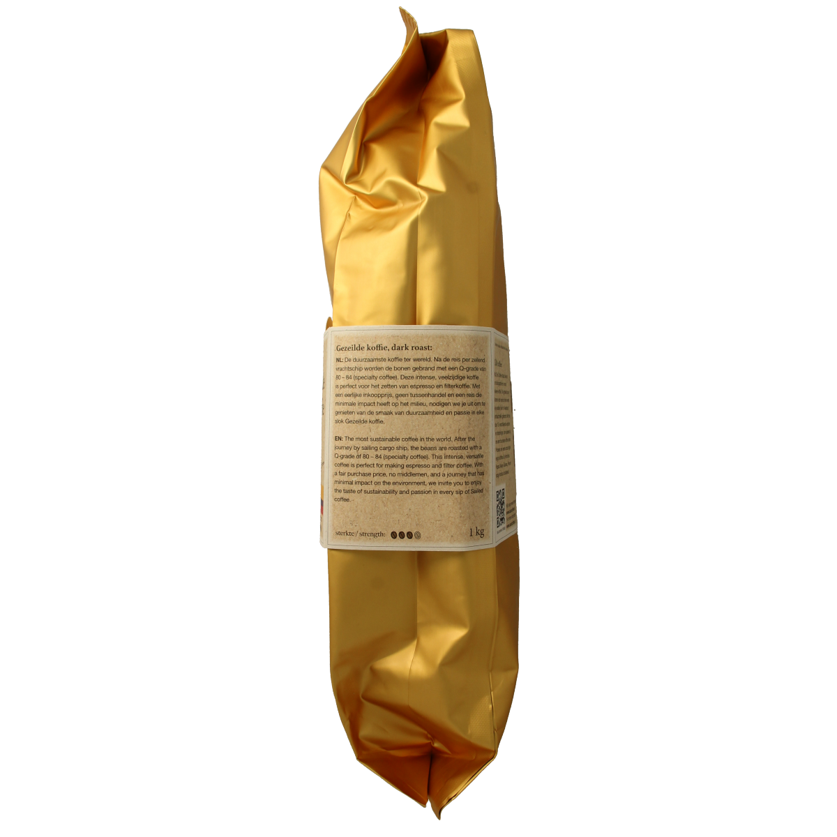 Sun Coffee Gezeilde koffiebonen dark roast bio in 1kg bag, showcasing roasted coffee beans for rich, organic dark coffee flavor.