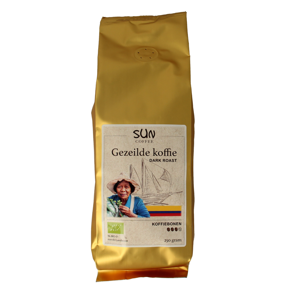 SUN Coffee Gezeilde koffiebonen dark roast bio in 250g package, showing fresh coffee beans with a dark roast finish.