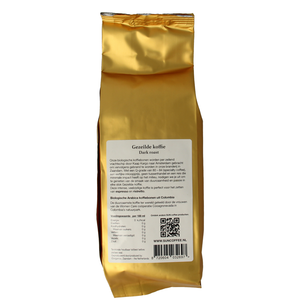 SUN Coffee Gezeilde dark roast organic coffee beans, 250g, showing whole coffee beans in a natural setting.