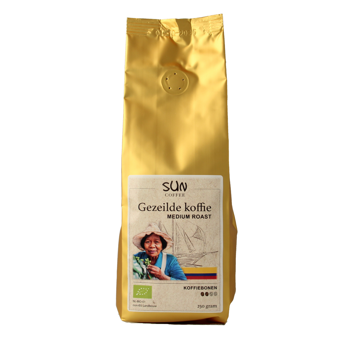 SUN Coffee Gezeilde koffiebonen medium roast bio in 250g bag, fresh whole coffee beans from SUN Coffee brand.