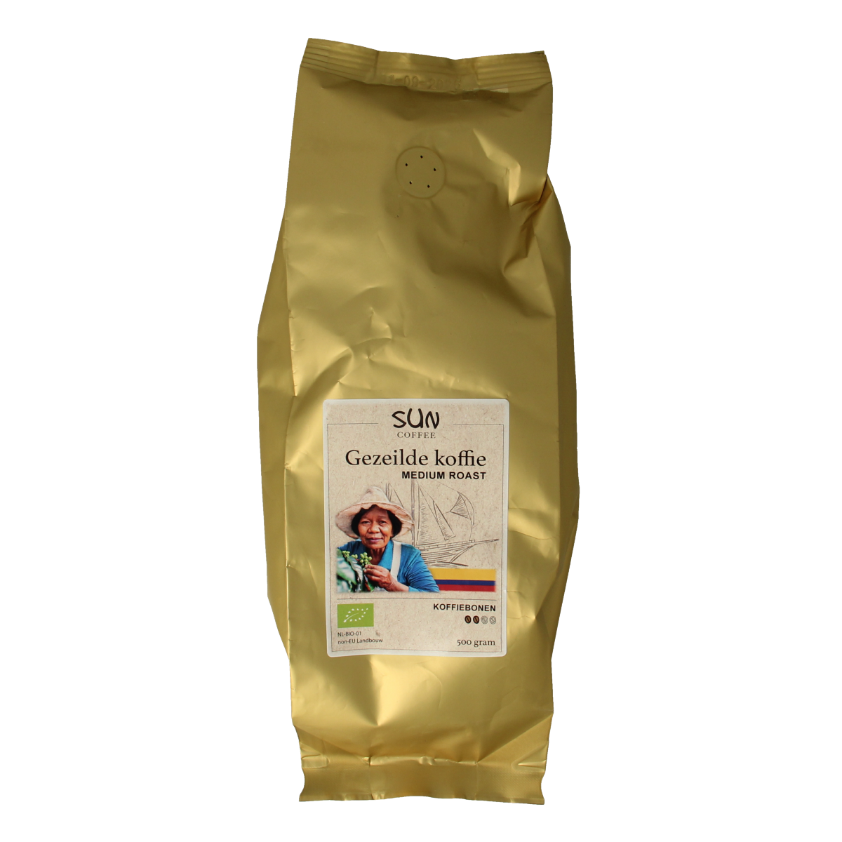 SUN Coffee Gezeilde koffiebonen medium roast bio in 500g bag, featuring fresh, roasted coffee beans suitable for brewing.