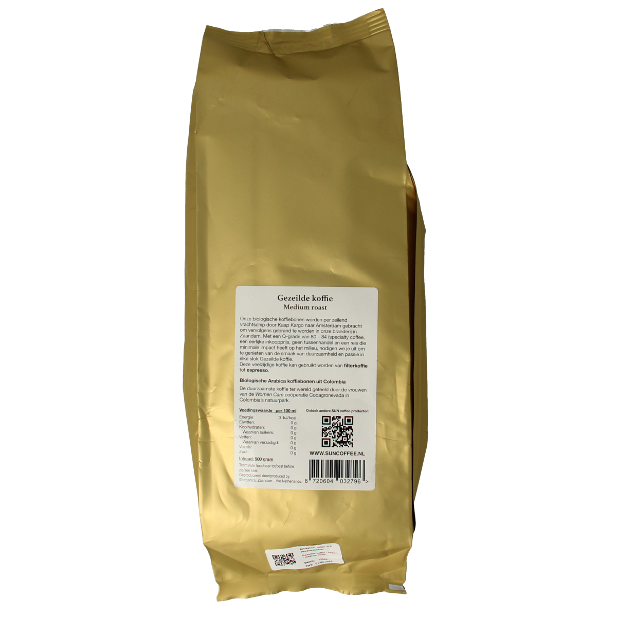 SUN Coffee Gezeilde koffiebonen medium roast bio, 500g bag of organic coffee beans in a natural light setting.