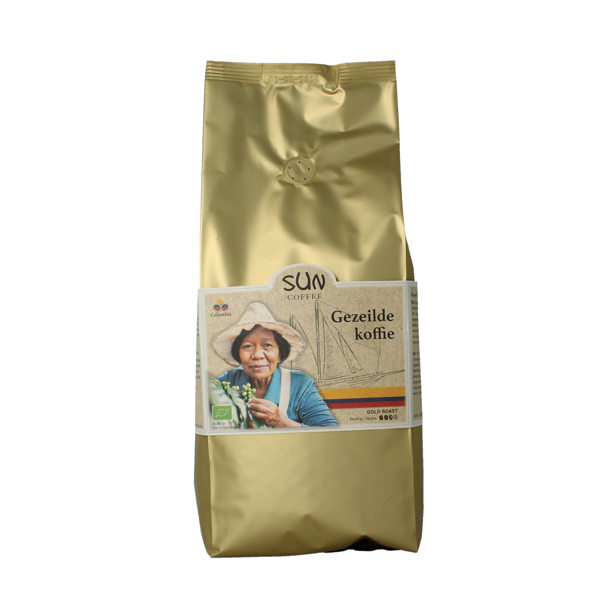 SUN Coffee Gezeilde koffiebonen gold roast bio, 1 kg, organic coffee beans with a rich aroma and golden roast finish.