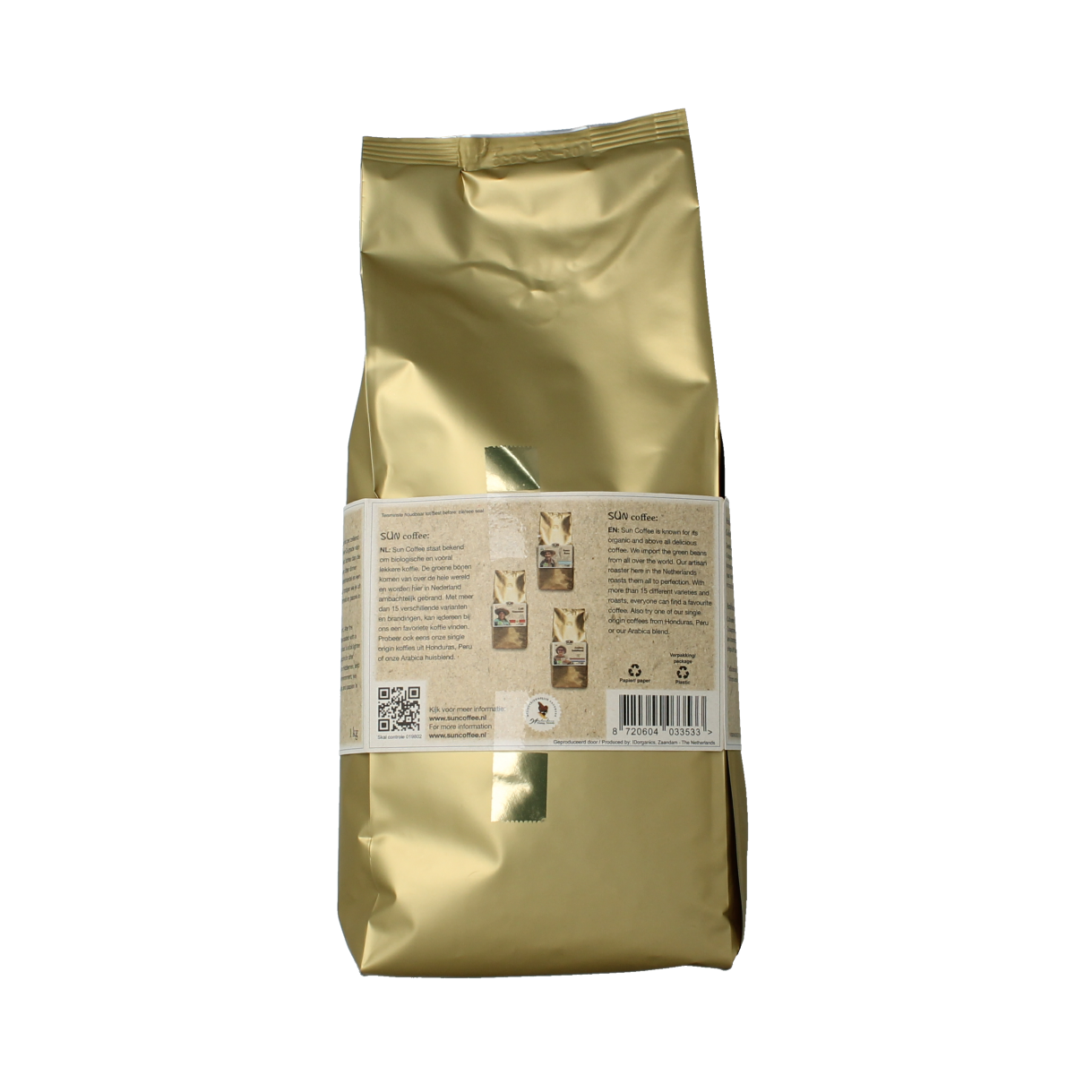 SUN Coffee Gezeilde koffiebonen gold roast bio, 1kg, showing a bag of premium organic roasted coffee beans.