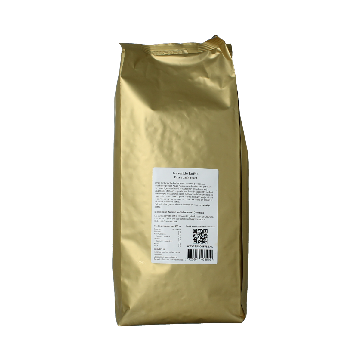 SUN Coffee Gezeilde koffiebonen extra dark roast bio in 1kg bag, showing dark roasted coffee beans with a rich aroma.