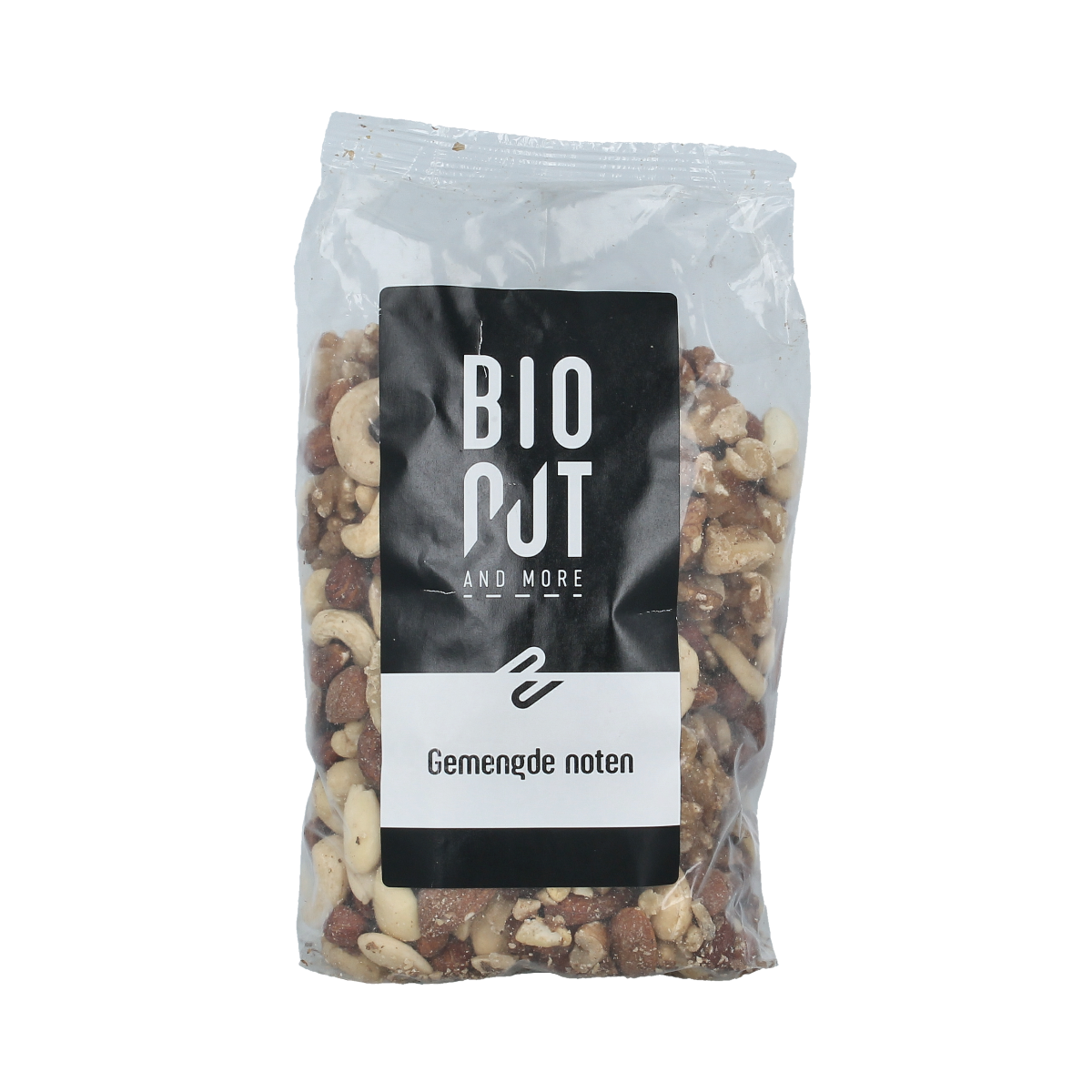 Bionut organic mixed raw nuts without Brazil nuts, 500g, shown in a clear image with a mix of various nuts.