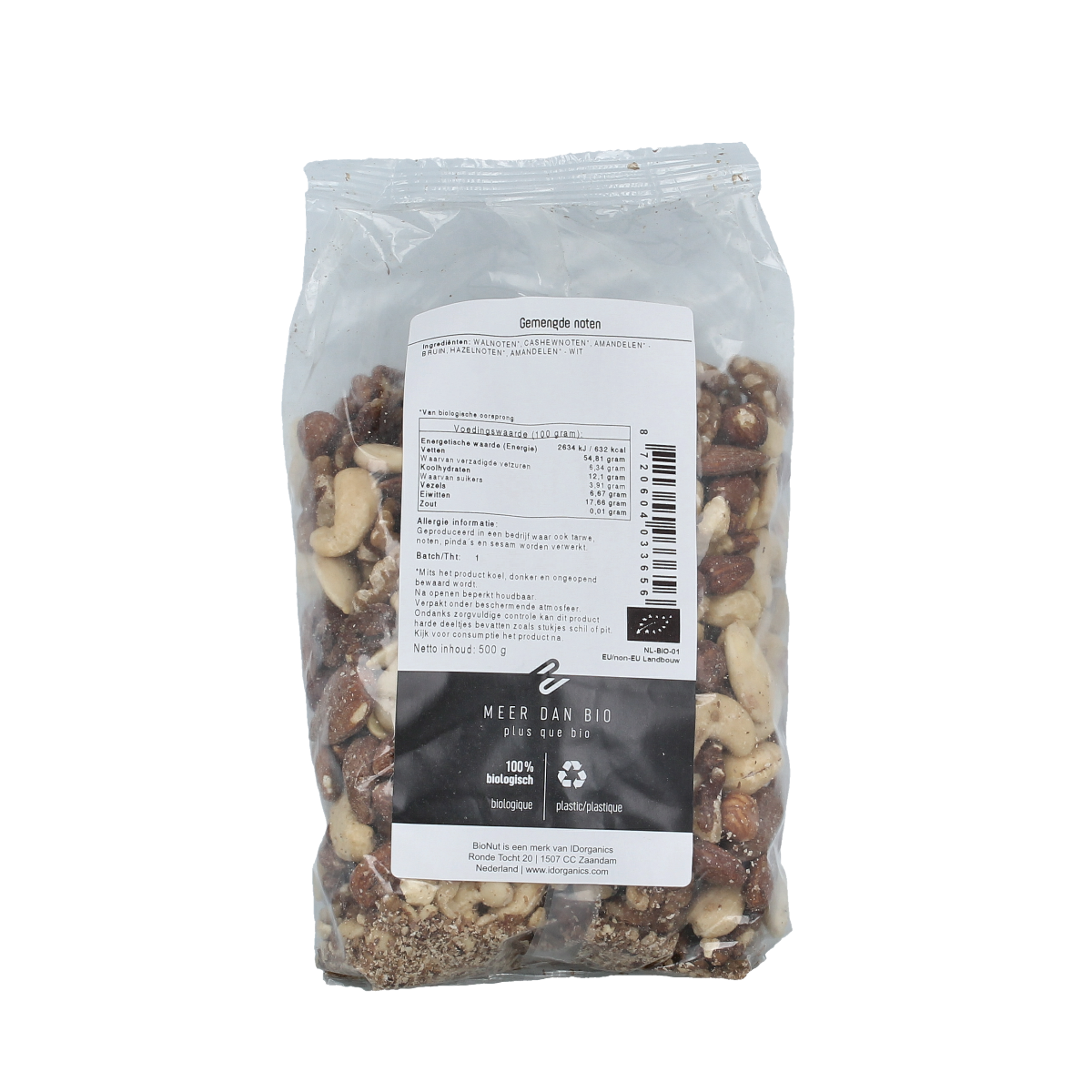 Bionut raw mixed nuts without Brazil nuts, organic, 500g, showing a variety of nuts in a clear package.