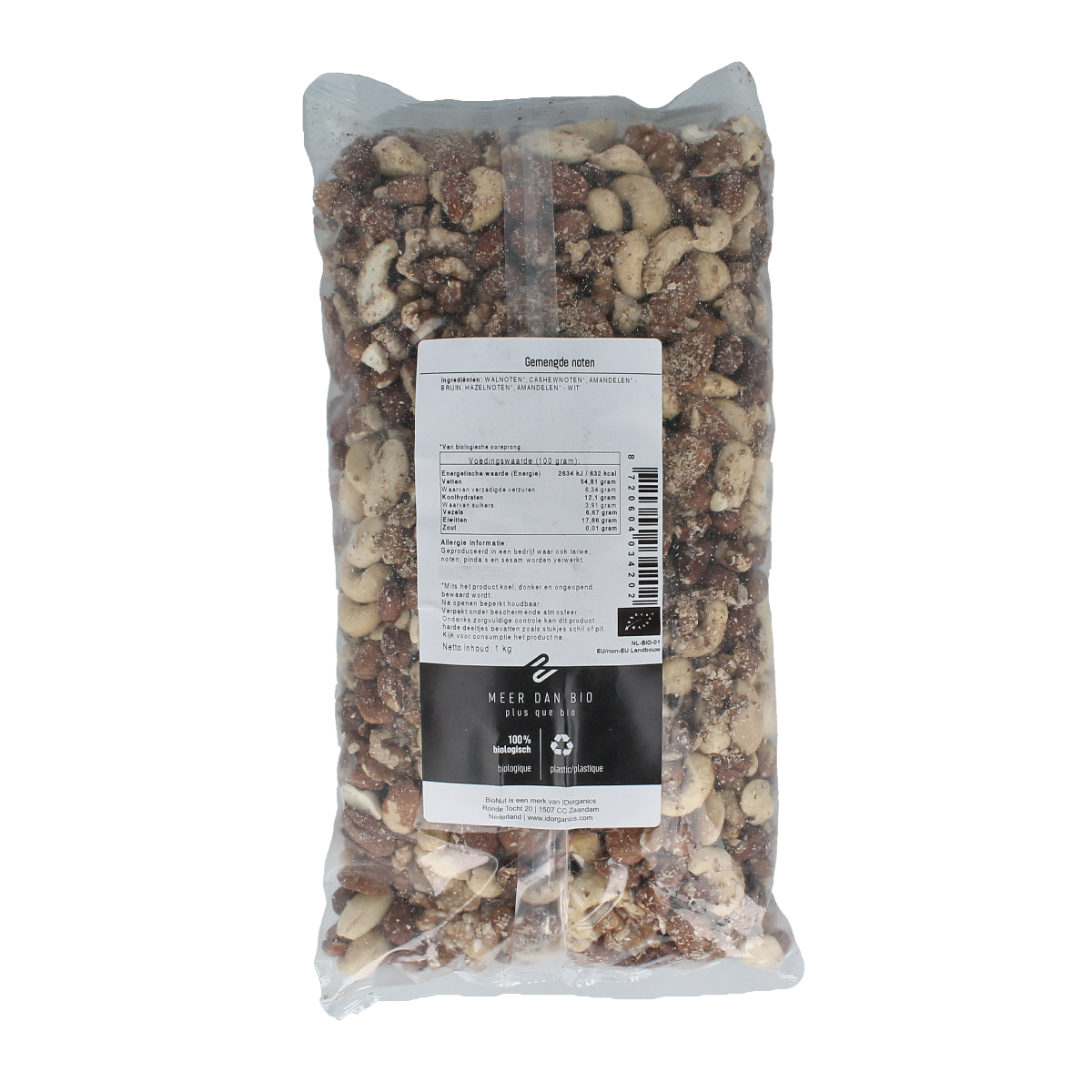 Bionut raw mixed nuts without Brazil nuts, organic, 1kg, displayed in a clear bowl on a wooden surface.