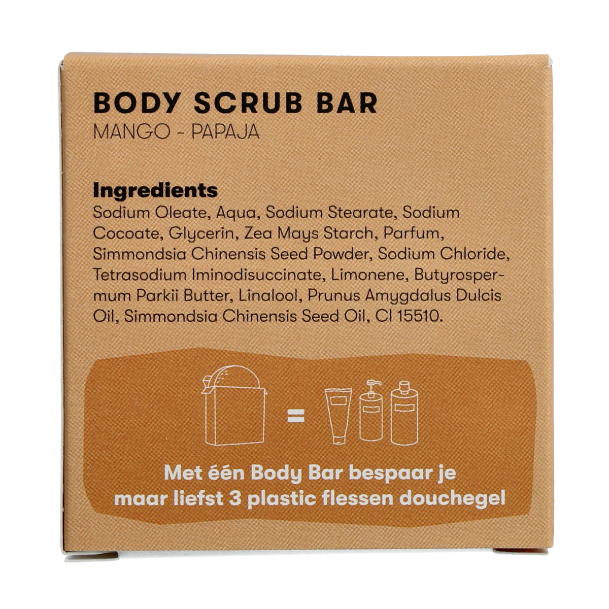 Shampoobars mango and papaya body scrub bar, 60g, natural body care product with fresh fruit ingredients.