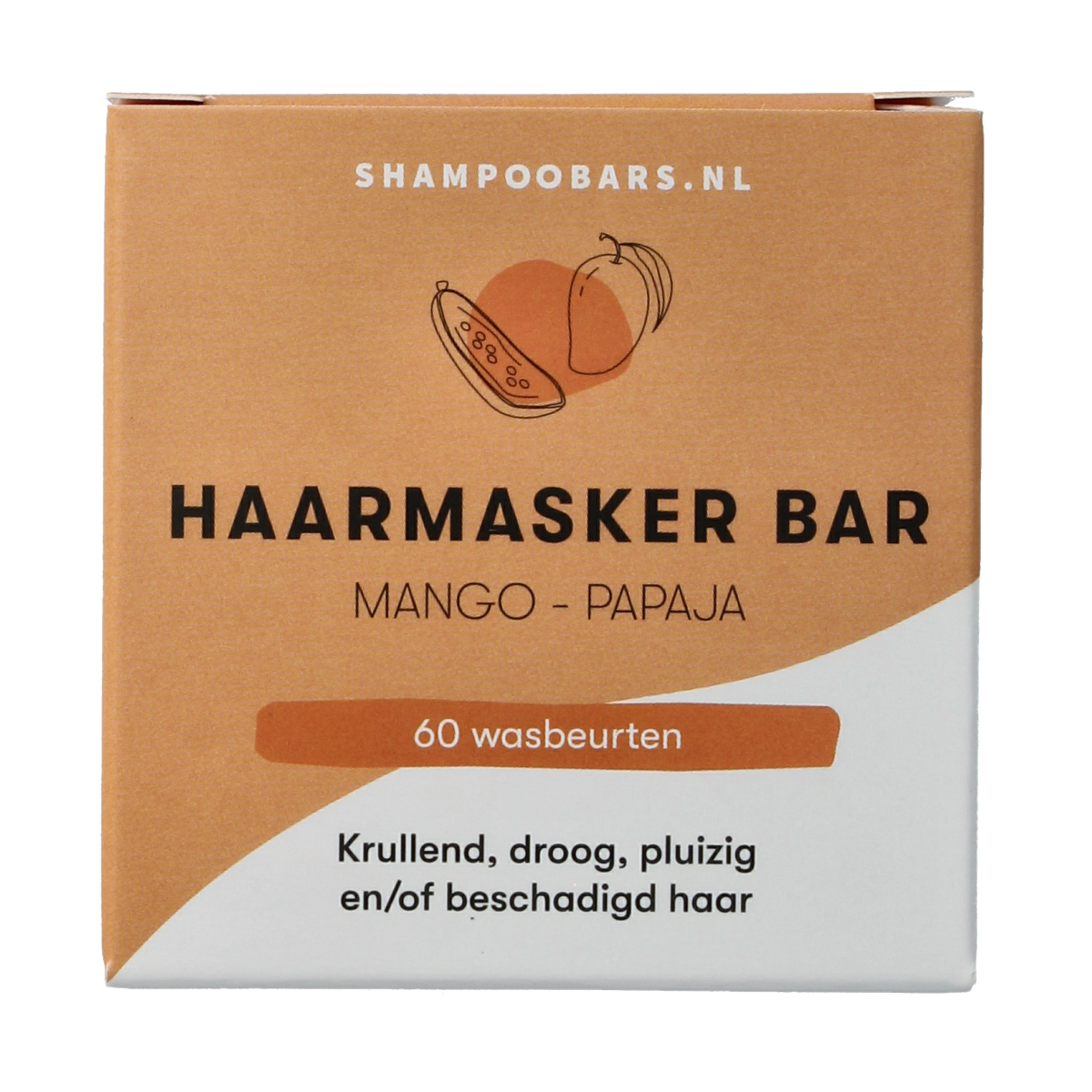 Shampoobars Haarmasker bar with mango and papaya, 45g, natural hair care product from Shampoobars, showing the bar's packaging.
