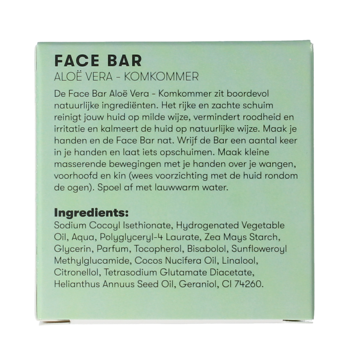 Shampoobars face bar with aloe vera and cucumber, 60g, natural facial skincare product in a white and green packaging.