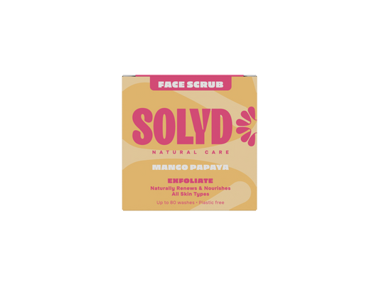 Solyd Mango Papaya Face Scrub Bar 60g, natural skincare product with mango and papaya ingredients for exfoliation.