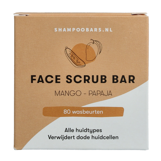 Shampoobars face bar with mango and papaya, 60g, natural facial skincare product in a clear plastic wrapper.
