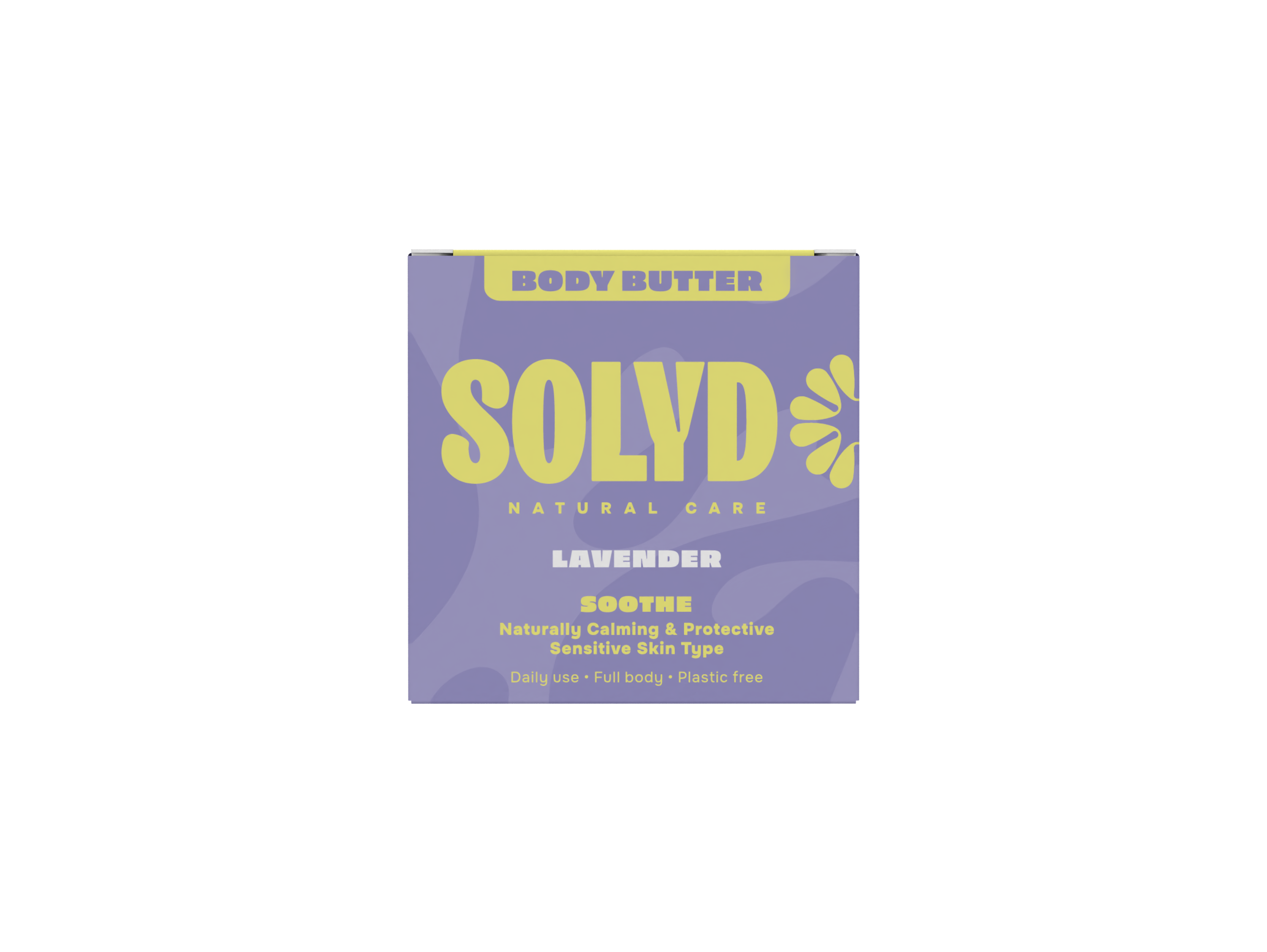 Solyd Lavender Body Butter Bar 45g, natural skincare product with lavender scent, showing the bar with lavender flowers in the image.