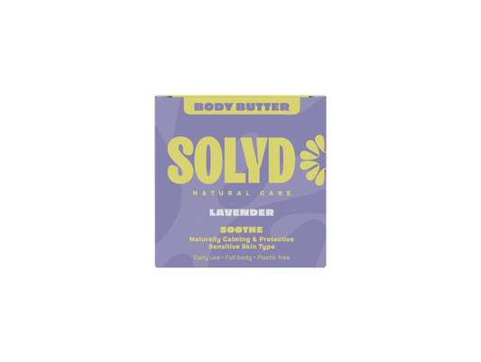 Solyd Lavender Body Butter Bar 45g, natural skincare product with lavender scent, showing the bar with lavender flowers in the image.