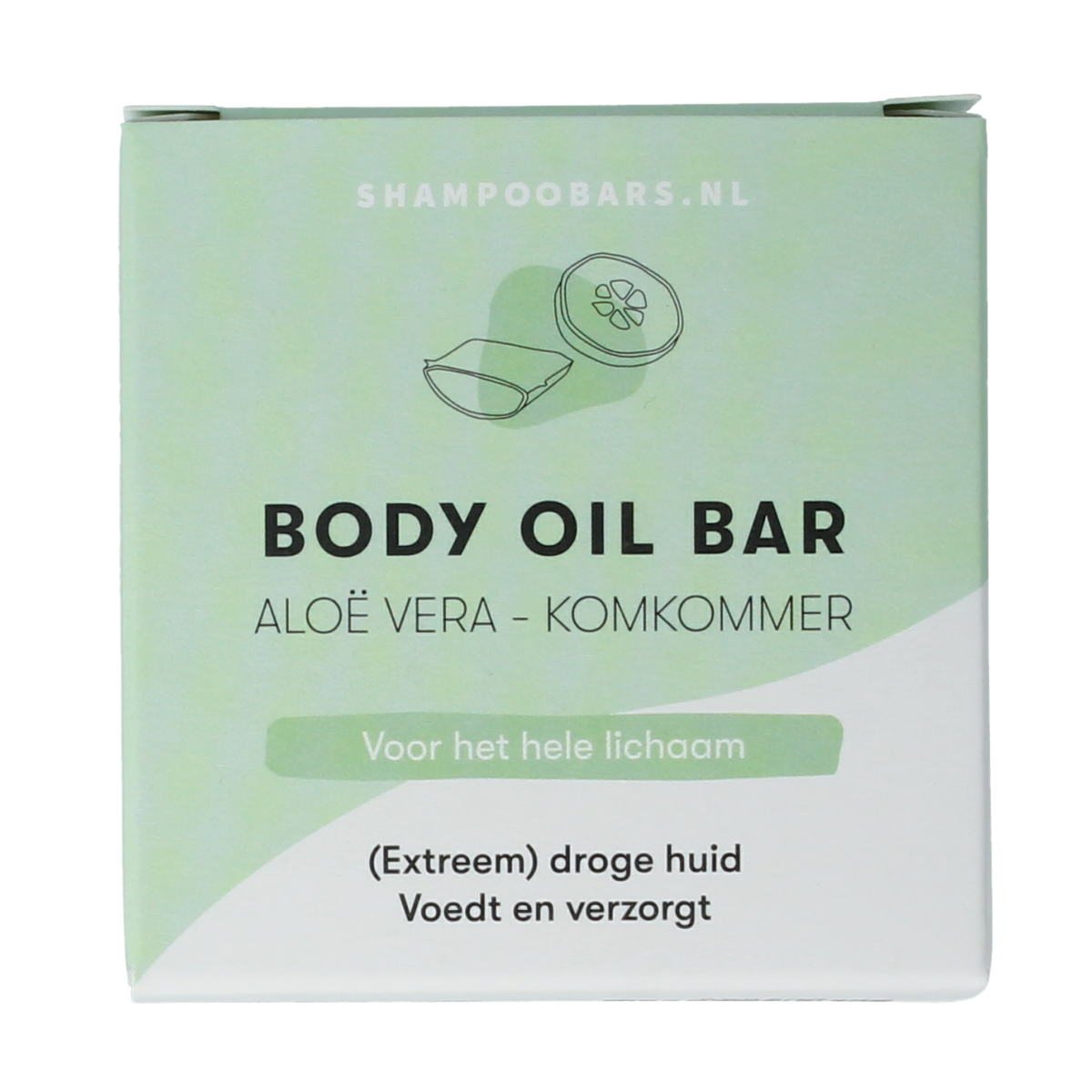 Shampoobars body oil bar with aloe vera and cucumber, 45g, natural body care product from Shampoobars, showing the product and ingredients.