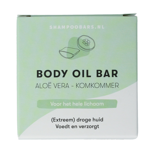 Shampoobars body oil bar with aloe vera and cucumber, 45g, natural body care product from Shampoobars, showing the product and ingredients.