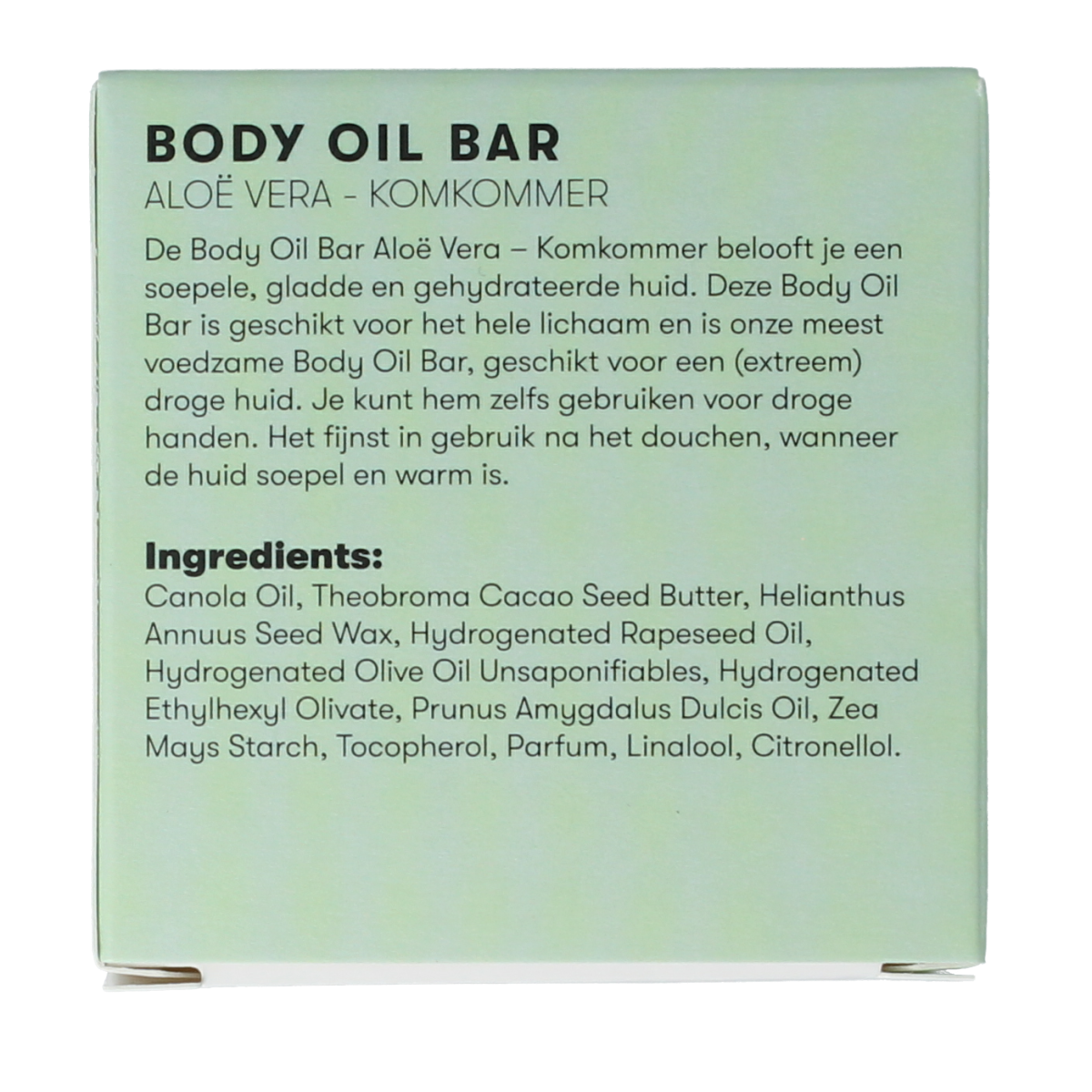 Shampoobars body oil bar with aloe vera and cucumber, 45g, natural body care product, creamy texture, and fresh ingredients.