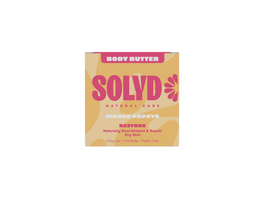 Solyd Mango Papaya Body Butter Bar, 45g, natural skincare product for nourishing and moisturizing the skin.