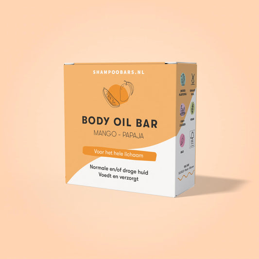 Shampoobars mango and papaya body oil bar, 45g, natural body care product with vibrant fruit ingredients and eco-friendly packaging.
