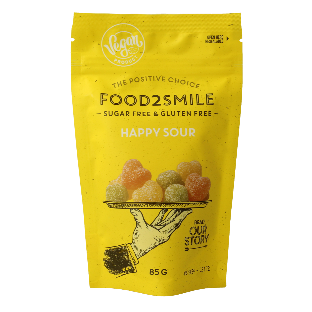 Food2Smile Happy Sour snack in an 85g package, colorful sour candies ideal for snacks or tussendoortjes.