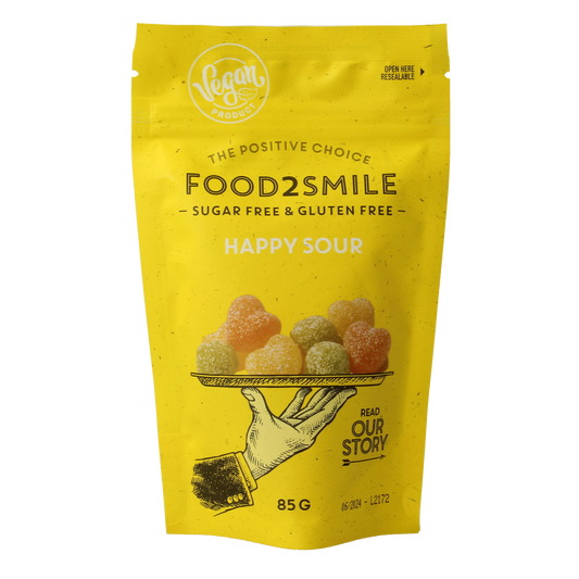 Food2Smile Happy Sour snack in an 85g package, colorful sour candies ideal for snacks or tussendoortjes.