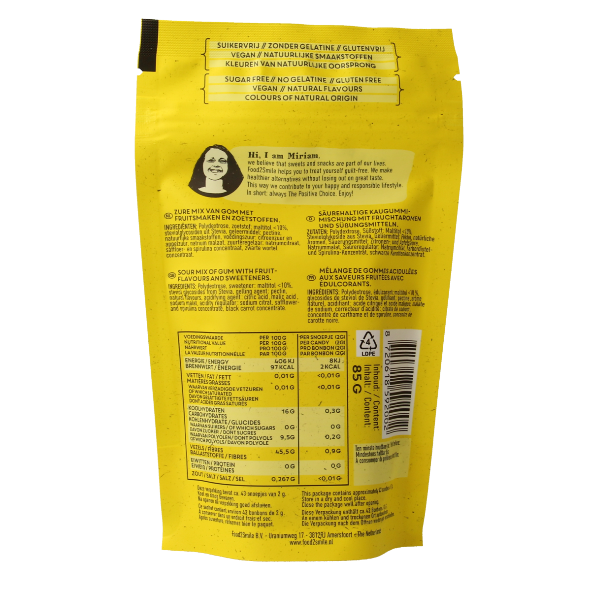 Food2Smile Happy Sour snacks in 85g package, colorful fruity candies with a tangy flavor, ideal for snacks or tussendoortjes.